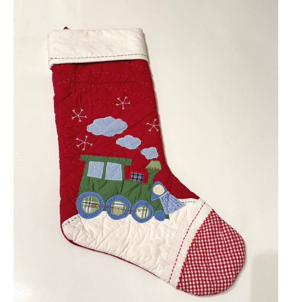 Pottery Barn Kids Quilted Christmas Stocking Train Applique Red Gingham